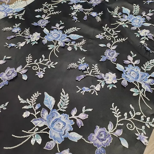 3D Embroidery ດອກ Applique Beads ແລະ Sequins ຖັກແສ່ວຜ້າ Lace