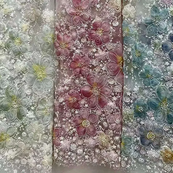 3d Ribbon Flower Embroidery Net Fabric ມີ Sequins ແລະ Beads