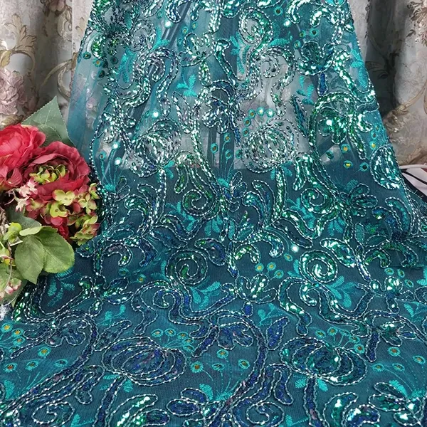 Custom ຄຸນະພາບສູງ Tulle Mesh Embroidery Sequin Fabric Guipure Lace Fabric