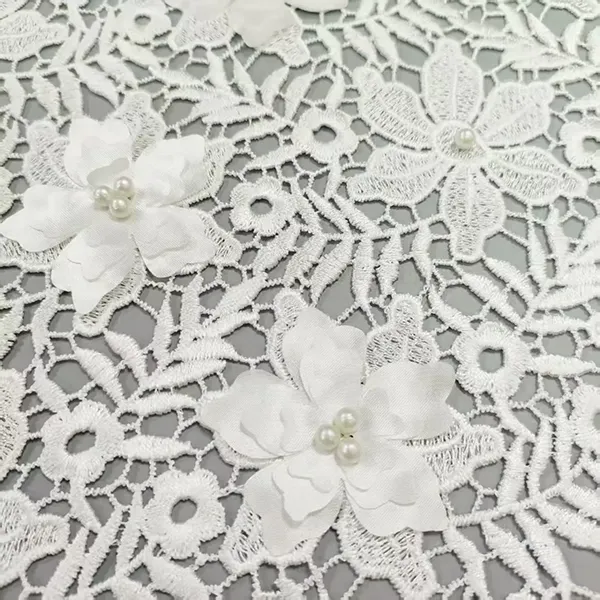 3d Floral Lace Guipure Fabric Pearls Water Soluable Cord Embroidery Guipure Lace Fabric