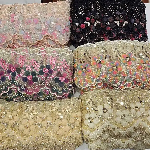 Multicolor Embroidered Lace with 3D Mesh Flowers Ribbon Beaded Tube Barcode Embroidery Lace