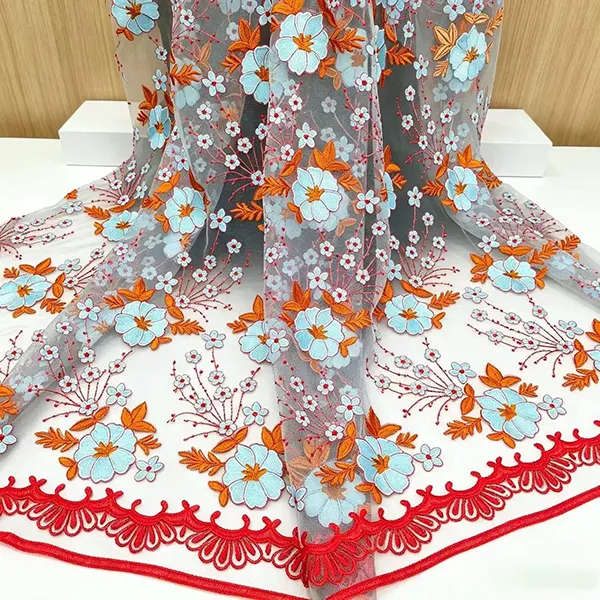 Vintage Multi-color Embroidery Mesh Lace Fabric ສໍາລັບ Dresses