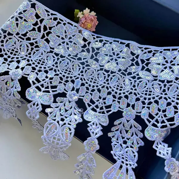 ຂາຍຍົກ Custom Sequin Beaded Lace Trimming Lace Embroidered with Sequins